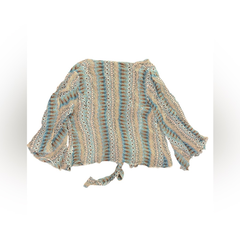 Boho Tie-Front Kimono Blouse Wrap Around Top in Teal and Beige Festival Vibes - Picture 3 of 5